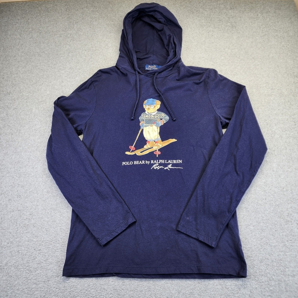 Polo Ralph‎ Lauren Mens M Ski Bear Jersey Hooded T-Shirt Long Sleeve Blue